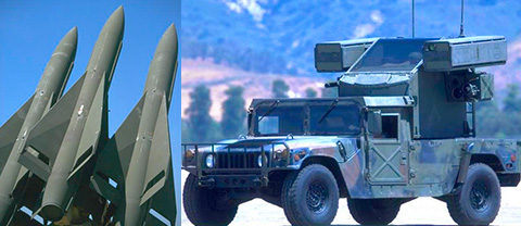 photo montage, three missiles and hummer vehicle with surveillance equipment